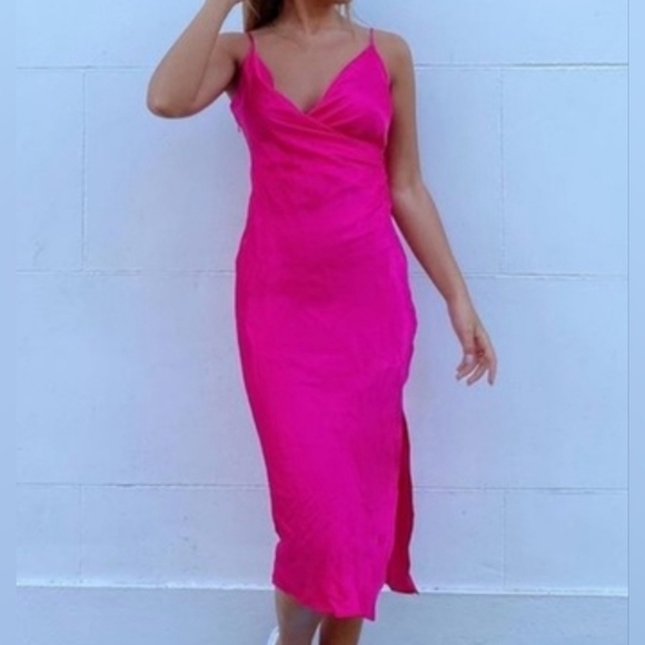 Zara Women's Hot Pink Fuchsia Satin Surplice Neckline Ruched Wrap Midi Dress, XS - Picture 6 of 12